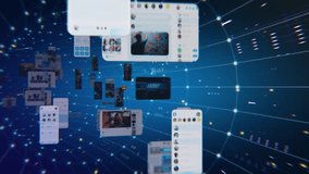 Social Media Internet Web Concept: Animated Stream of Content. Browsing through Multimedia all in one Entertaiment, Messaging, TV, Videos, emoji, Sharing, Video Game Playing, Fintech Online Shopping - Powered by Shutterstock - Get 15% off with code: PIKWIZARD15