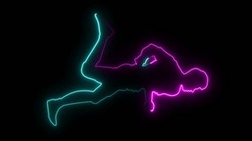 Animated Glowing Neon Light Runner Man Isolated on Black Background Sport Concept Two Colors Motion Laser Led Light Running Man in Race. Creative energy and Sport concept human runner icon Animation. 