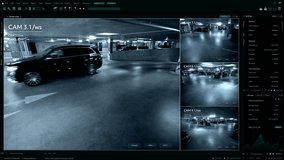 Surveillance Camera CCTV Video, Multiple Screens Show Secure Underground Garage. High-Tech Security and Data Protection Mock-up. Screen Replacement Template for Computer Displays - Powered by Shutterstock - Get 15% off with code: PIKWIZARD15