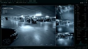 Surveillance Camera CCTV Video, Multiple Screens Show Secure Underground Garage. High-Tech Security and Data Protection Mock-up. Screen Replacement Template for Computer Displays - Powered by Shutterstock - Get 15% off with code: PIKWIZARD15