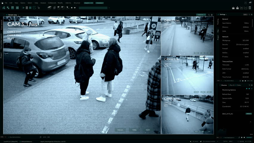 CCTV AI Facial Recognition Camera Authentificating People on Street. Security Camera Surveillance Footage Identity Scanning Crowds of People Walking Safely on Big City Streets. Big Data AI Analysis - Powered by Shutterstock - Get 15% off with code: PIKWIZARD15