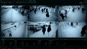 CCTV AI Facial Recognition Camera Authentificating People on Street. Security Camera Surveillance Footage Identity Scanning Crowds of People Walking Safely on Big City Streets. Big Data AI Analysis - Powered by Shutterstock - Get 15% off with code: PIKWIZARD15