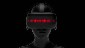Virtual reality glasses on head woman with red laser light. Game or entertainment device. Futuristic technology concept art. Bright fashion 3d animation.