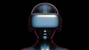 Black chromium woman head in virtual reality glasses and headphones. Game or entertainment device. Futuristic technology concept art. Bright fashion 3d animation.