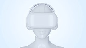 Virtual reality glasses and headphones on white head woman. Game or entertainment device. Futuristic technology concept art. Bright fashion 3d animation.