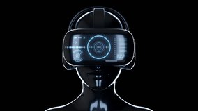 Woman head in virtual reality glasses with hud interface on screen and headphones. Game or entertainment device. Futuristic technology concept art. Bright fashion 3d animation.