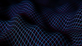 3D wavy wireframe landscape. Abstract concept of digital artificial intelligence, sound waves, cyberspace or virtual reality. Movement of checkered blue and red mesh on black background. Looped video