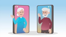 Elderly couple having video call via phone app. Old man talking to wife online. 4K Resolution.