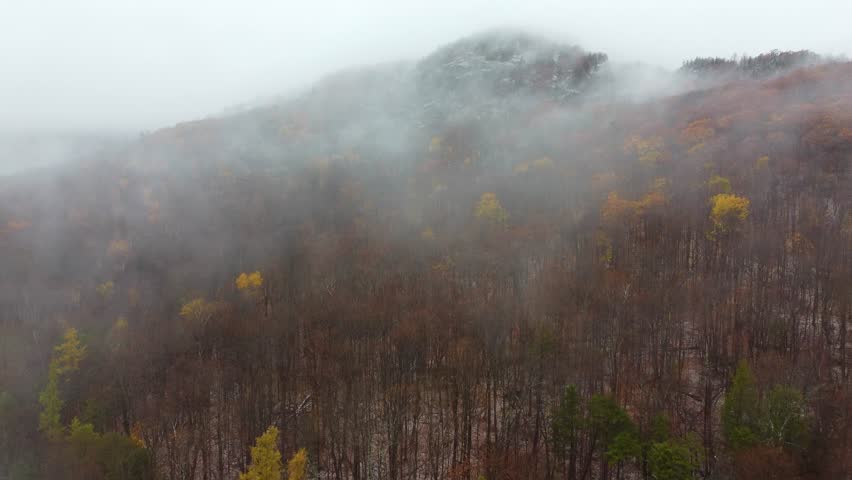Drone rises above misty clouds to reveal dense leafless forest tree stand in Mount Washington New Hampshire