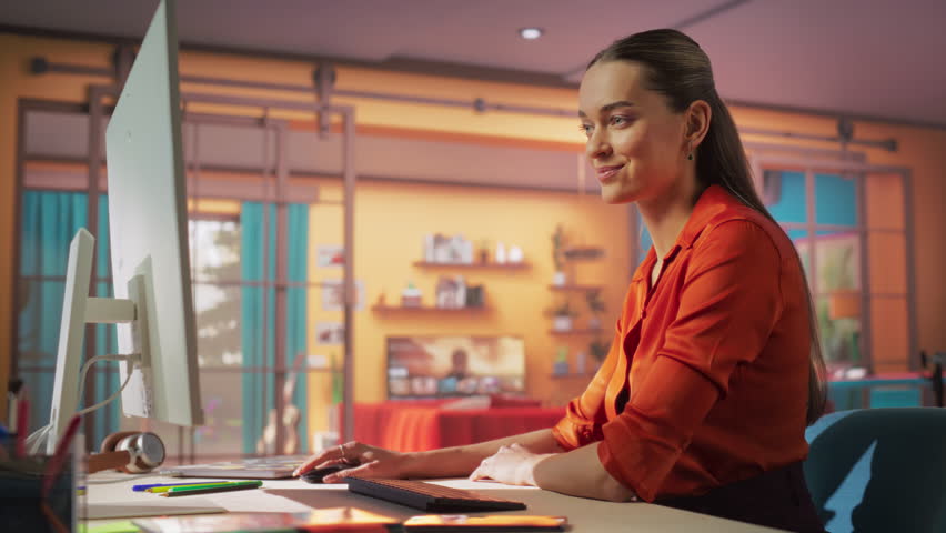 Attractive Young Woman Using Desktop Computer while Sitting in Stylish Cozy Colorful Studio. Female Shopping Online from Home. Browsing Internet, Using Social Networks, Writing Project