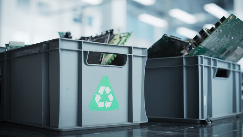 Close Up Shot Of Boxes With Computer Parts Sorted For Recycling At Sustainable Electronics Factory. Motherboards And Microchips Are Collected And Prepared For Reuse in Modern Technological Devices.