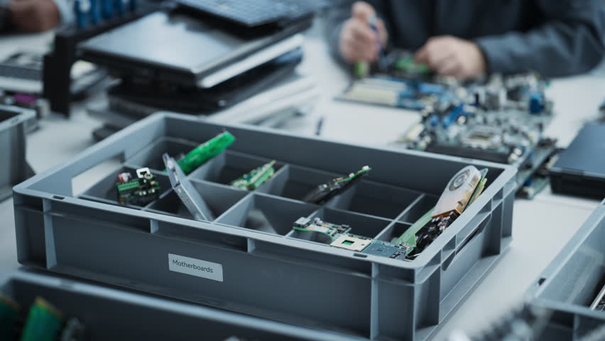 Close Up Shot Of Boxes With Motherboards And Displays From Laptops That Are Being Disassembled By Electronics Factory Workers. Process Of Recycling Computer Components For Production Of New Devices. Royalty-Free Stock Footage #3395929203