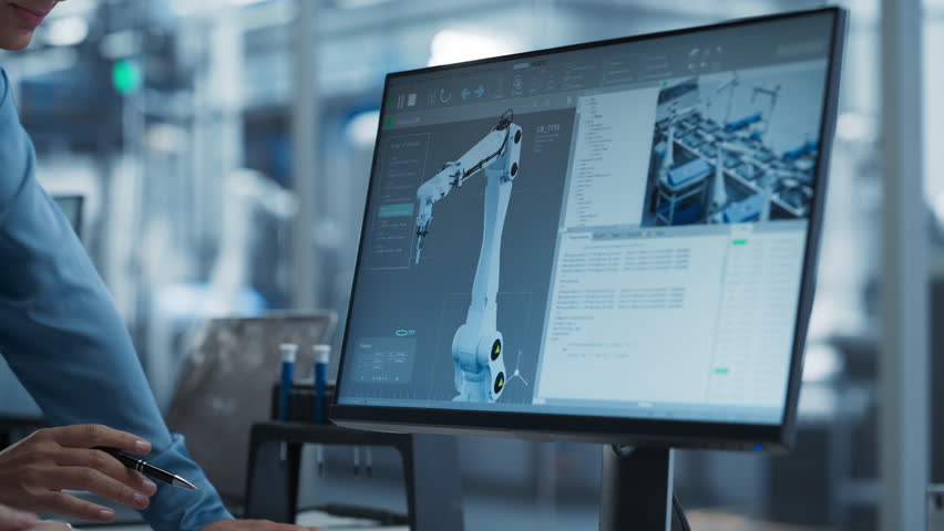 Close Up On Screen Of Desktop Computer With Automation Software For Autonomous Assembly Line At Modern Factory With Robotic Arms. Technical Supervisor Pointing At Display, Adjusting Production Process Royalty-Free Stock Footage #3395931695