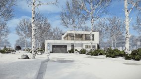 4K video rendering of modern cozy house with pool and garage for sale or rent in luxurious style and beautiful landscaping on background. Cool winter day with shiny white snow.