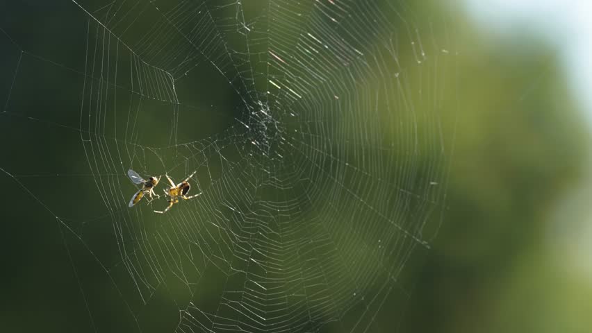 A predator and its prey - a spider and a fly on the delicate spiderweb backlit by the sun. A close-up shot.