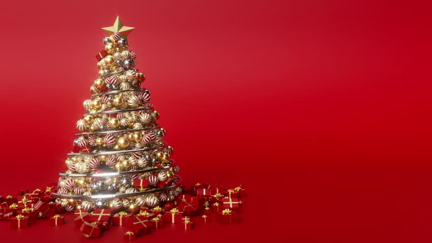 A tree of Christmas balls is growing luxury on a bright reds background. 3d animation intro Christmas