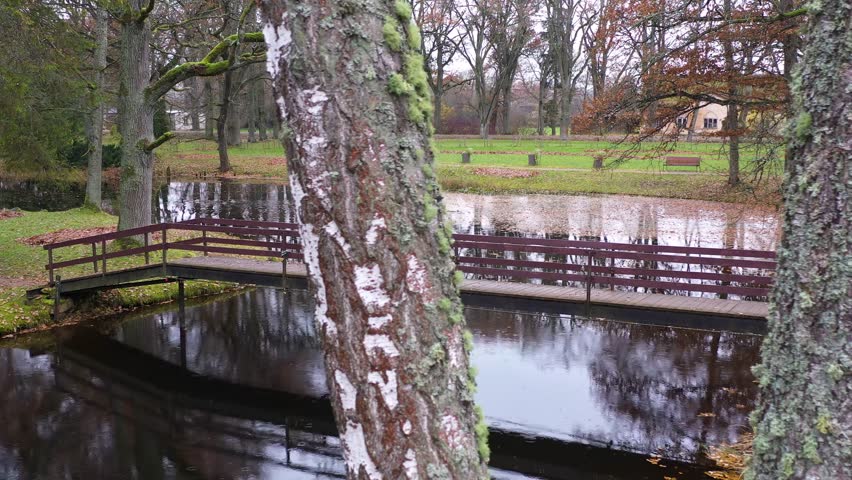 Old narrow bridge over water pond in park, reveal view behind trees