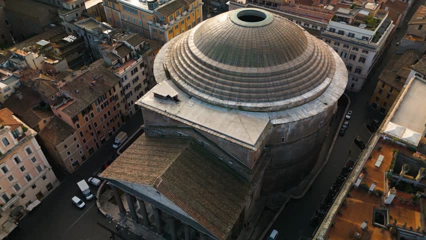 Orbiting Drone Shot Above Pantheon and Coffered Concrete Dome
