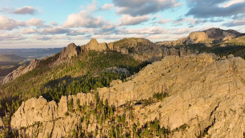 Aerial of the amazing landscape of the Black Hills in South Dakota at sunset.