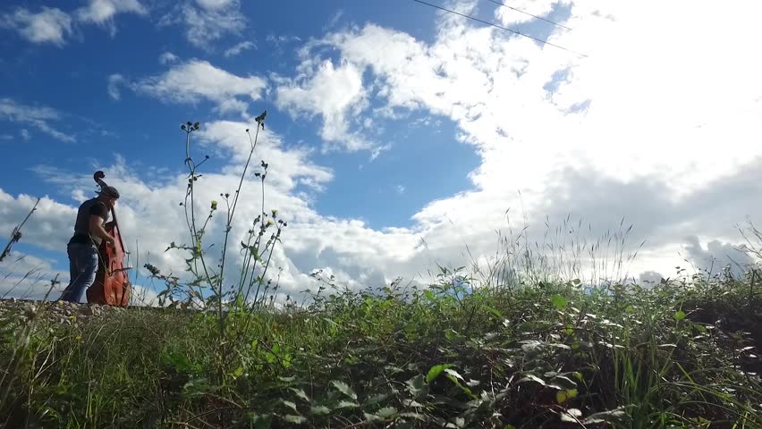 Musician plays violoncello against sky. Footage. Man plays on cello outdoors or at the park blue sky background.