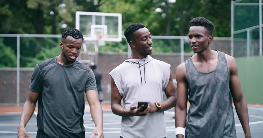 Black people, smartphone and laughing on basketball court with sport and exercise by outdoor for health. African athlete, joke and social media for training wellness, mobile app and active in nature