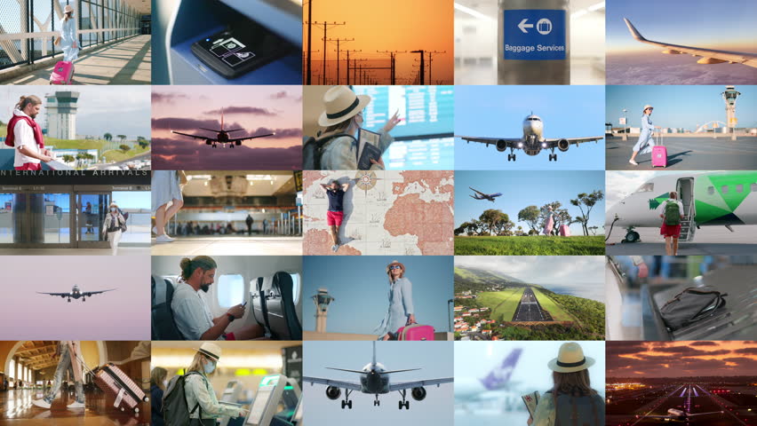Travel background. Collage of people traveling by airplanes. Domestic and international tourism concept. Tourist with luggage in airport. Man passenger during the flight. Woman checking in on flight Royalty-Free Stock Footage #3396265679