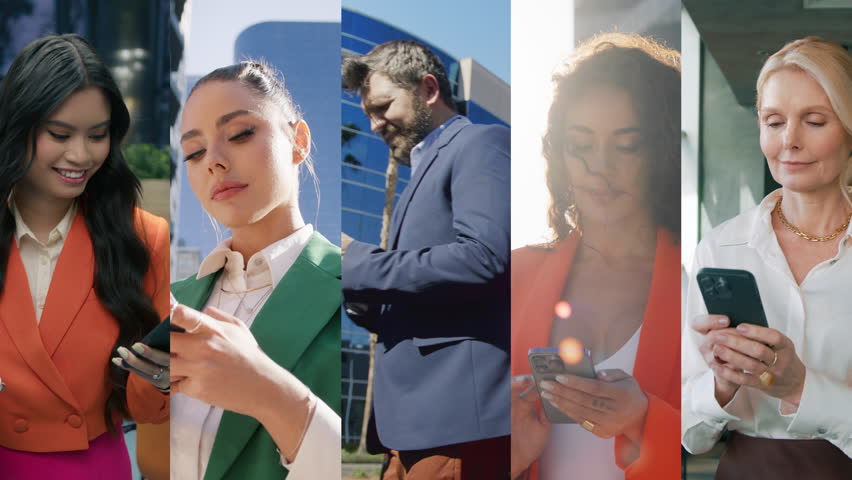 Collage with many different business people using smartphone devices. Vertical clips with man and women looking at mobile phones in hands. Communication internet and connectivity concept 4K background Royalty-Free Stock Footage #3396274043