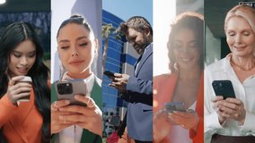 Collage with many different business people using smartphone devices. Vertical clips with man and women looking at mobile phones in hands. Communication internet and connectivity concept 4K background - Powered by Shutterstock - Get 15% off with code: PIKWIZARD15
