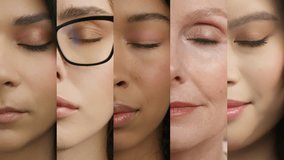 Close up diverse female half faces collage. Women of different races ethnicity ages looking at camera with calm relaxed face expression. Concept of diversity, caucasian, asian, african american women