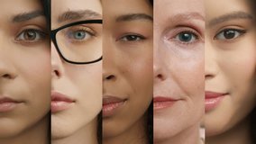Close up diverse female half faces collage. Women of different races ethnicity ages looking at camera with calm relaxed face expression. Concept of diversity, caucasian, asian, african american women - Powered by Shutterstock - Get 15% off with code: PIKWIZARD15