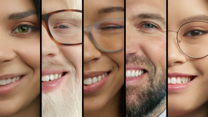 Happy smiling women and men of different races, ethnicity, ages looking at camera with positive face expression. Authenticity, diversity concept. Closeup caucasian, asian, african american humans 4K Royalty-Free Stock Footage #3396303957