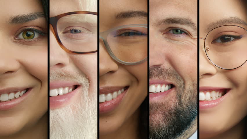 Happy smiling women and men of different races, ethnicity, ages looking at camera with positive face expression. Authenticity, diversity concept. Closeup caucasian, asian, african american humans 4K Royalty-Free Stock Footage #3396303957