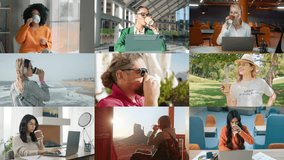 Portrait of satisfied people drinking coffee. Collage of diverse women and men drinks tea outdoors. Attractiv females enjoying cup of coffee in slow motion. Smiling man holding cup of coffee in hands - Powered by Shutterstock - Get 15% off with code: PIKWIZARD15