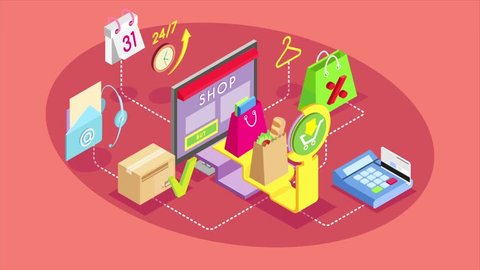 Video infographics saver. Isometric concept of online shopping. Safe shopping online with payment options. 
