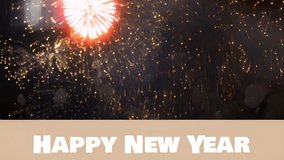 Cinemagraph of happy new year text in white on brown band over pink fireworks exploding in night sky. new year, greetings, party, celebration and tradition, digitally generated video.