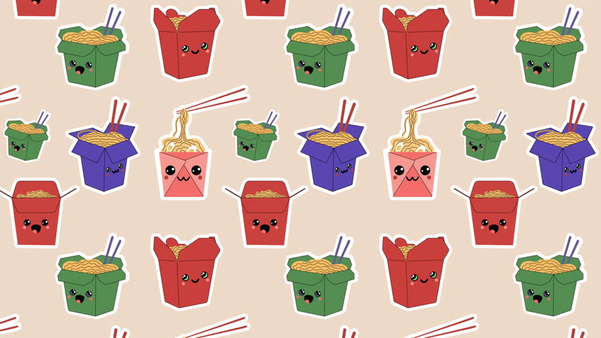 Asian wok boxes with ramen noodles cartoon characters animation Loop Background. Video flat cartoon animation design element. 4K video footage