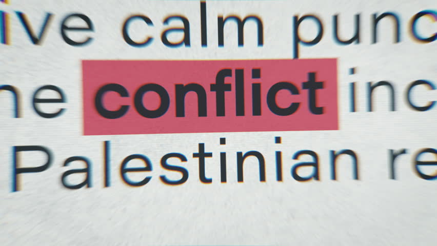 Newspaper article about the israel conflict crisis in the Middle East between Israel and the Palestinian population, conflict with hamas, digital animation