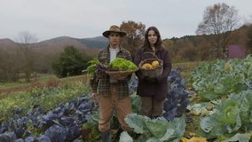 As the crisp air of fall whispers through the fields a portrait of agrarian harmony is painted two souls present the yield of the earth in wicker baskets a testament to the timeless dance between - Powered by Shutterstock - Get 15% off with code: PIKWIZARD15