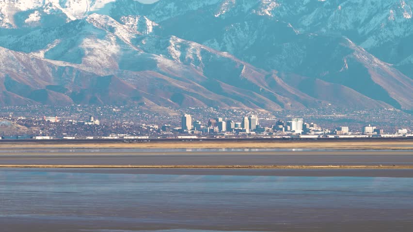 Salt Lake City, Utah as seen from across the Great Salt Lake in winter