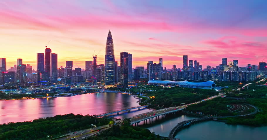 Aerial view of Shenzhen city skyline and modern commercial building scenery at sunset, Guangdong Province, China. Famous city landmarks in Shenzhen.