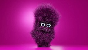 3D purple furry cartoon character Funny dancing furry creature on a purple background. looped video