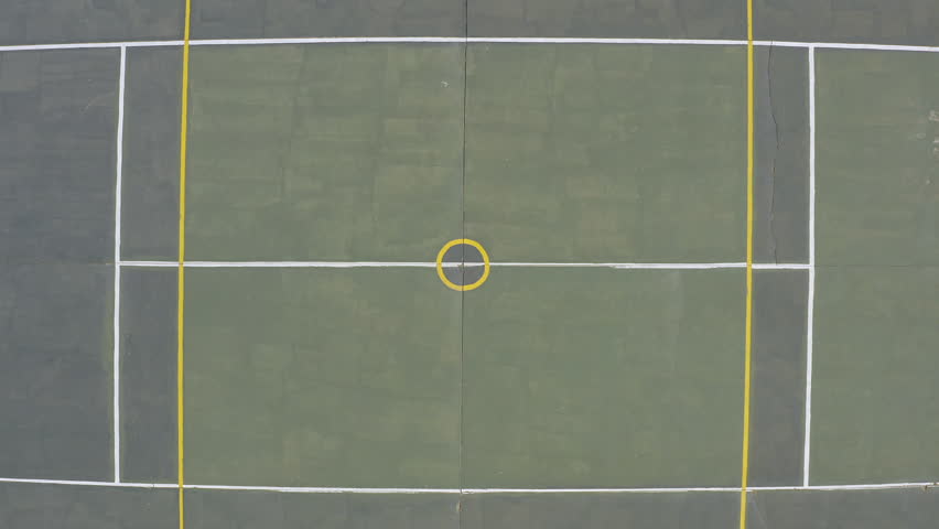 Basketball court, drone and empty for sports, outdoor community turf and playground for competition. Aerial, urban pitch and club for training and practice, performance and workout for fitness match