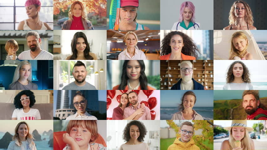 Collage happy diverse, multi ethnic, authentic people. Diversity concept background. Happy men and women of different gender, ethnicity, and occupation. People smiling at posing looking at camera 4K Royalty-Free Stock Footage #3396893297