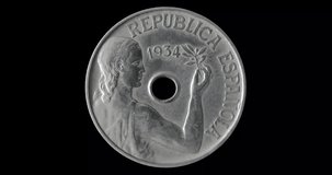 Obverse of Spain coin 25 centimos 1934, isolated in black background. Seamless animation in 4k video.