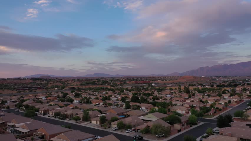 Aerial drone shot of Mesquite, Nevada at sunset on a beautiful summer evening