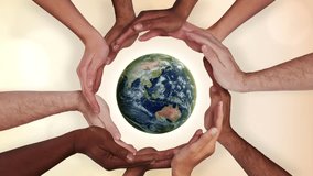Multi Ethnic Hands Holding a Hyperrealistic Rotating Planet Earth. Environment Conservation, Save Clean Planet and Ecology, Sustainable Lifestyle. World Earth Day - Powered by Shutterstock - Get 15% off with code: PIKWIZARD15