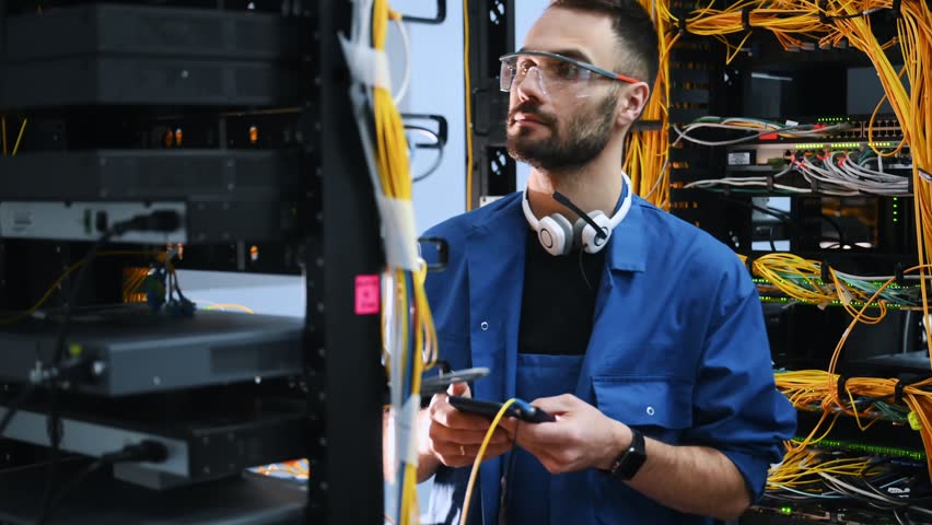 Professional device in hands. Young man is working with internet equipment and wires in server room. Royalty-Free Stock Footage #3397188717