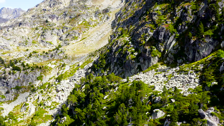 Aerial view of the granitic alpine mountain ranges in the small Pyrenean country of Andorra.
