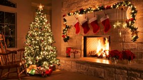 Amazing cozy room with fireplace and Christmas tree. Light Garlands. Gifts. Happy New Year. Xmas. Eve. Snowfall outside the window. Looped video, 4K. - Powered by Shutterstock - Get 15% off with code: PIKWIZARD15