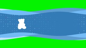 Animation of blue banner waves movement with white teddy bear symbol on the left. On the background there are small white shapes. Seamless looped 4k animation on chroma key background